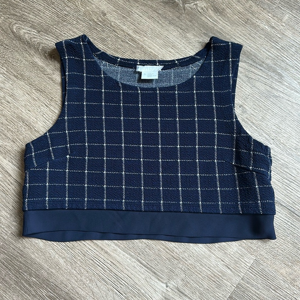 🔴COOPERATIVE Blue White Check Crop Top with Sheer Trim